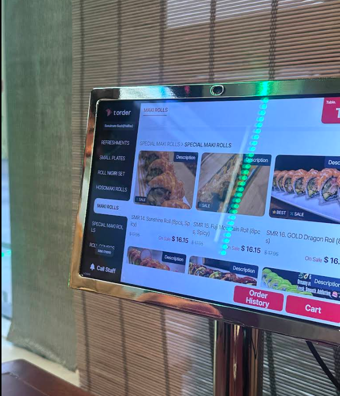 Tabletop touchscreen ordering system at Seoulmate Sushi showing Special Maki Rolls